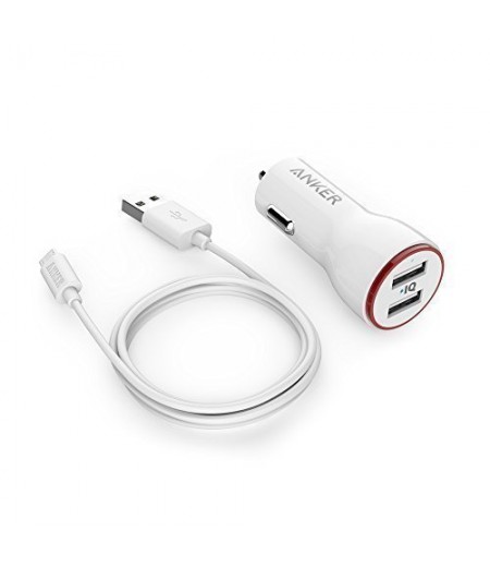Anker 24W Dual USB PowerDrive 2 Car Charger with 3ft Micro USB to USB Cable, in White shade