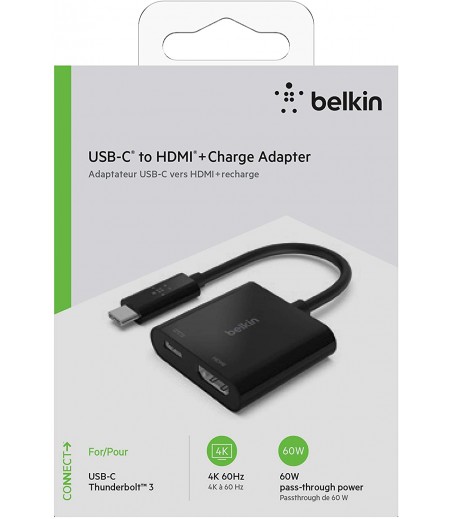 Belkin USB-C to HDMI + Charge Adapter (Supports 4K UHD Video, Passthrough Power up to 60W for Connected Devices, MacBook Pro HDMI Adapter)