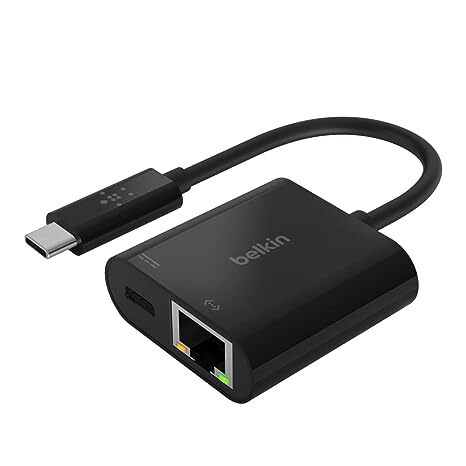 Belkin USB-C to Ethernet Adapter + Charge (60W Passthrough Power for Connected Devices, 1000 Mbps Ethernet Speeds) MacBook Pro Ethernet Adapter (INC001btBK), Black