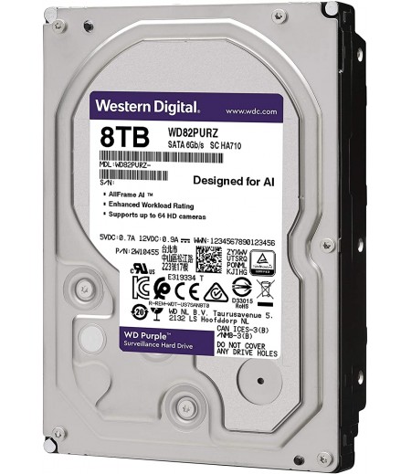 Western Digital 8TB WD Purple Surveillance Internal Hard Drive - 7200 RPM Class, SATA 6 Gb/s, , 256 MB Cache, 3.5" - WD82PURZ