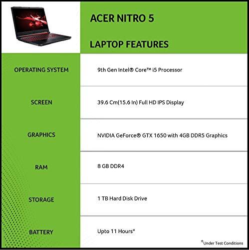 Acer Nitro 5 Intel Core i5-9th Gen 15.6-inch Display 1920 x 1080 Thin and Light Gaming Laptop (8GB Ram/1TB HDD/Windows 10 Home/GTX 1650 Graphics/Obsidian Black/2.3 Kgs), AN515-54