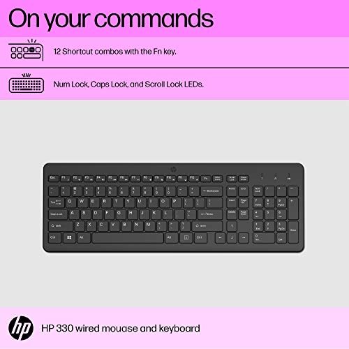HP 330 Wireless Black Keyboard and Mouse Set with Numeric Keypad, 2.4GHz Wireless Connection and 1600 DPI, USB Receiver, LED Indicators, Black
