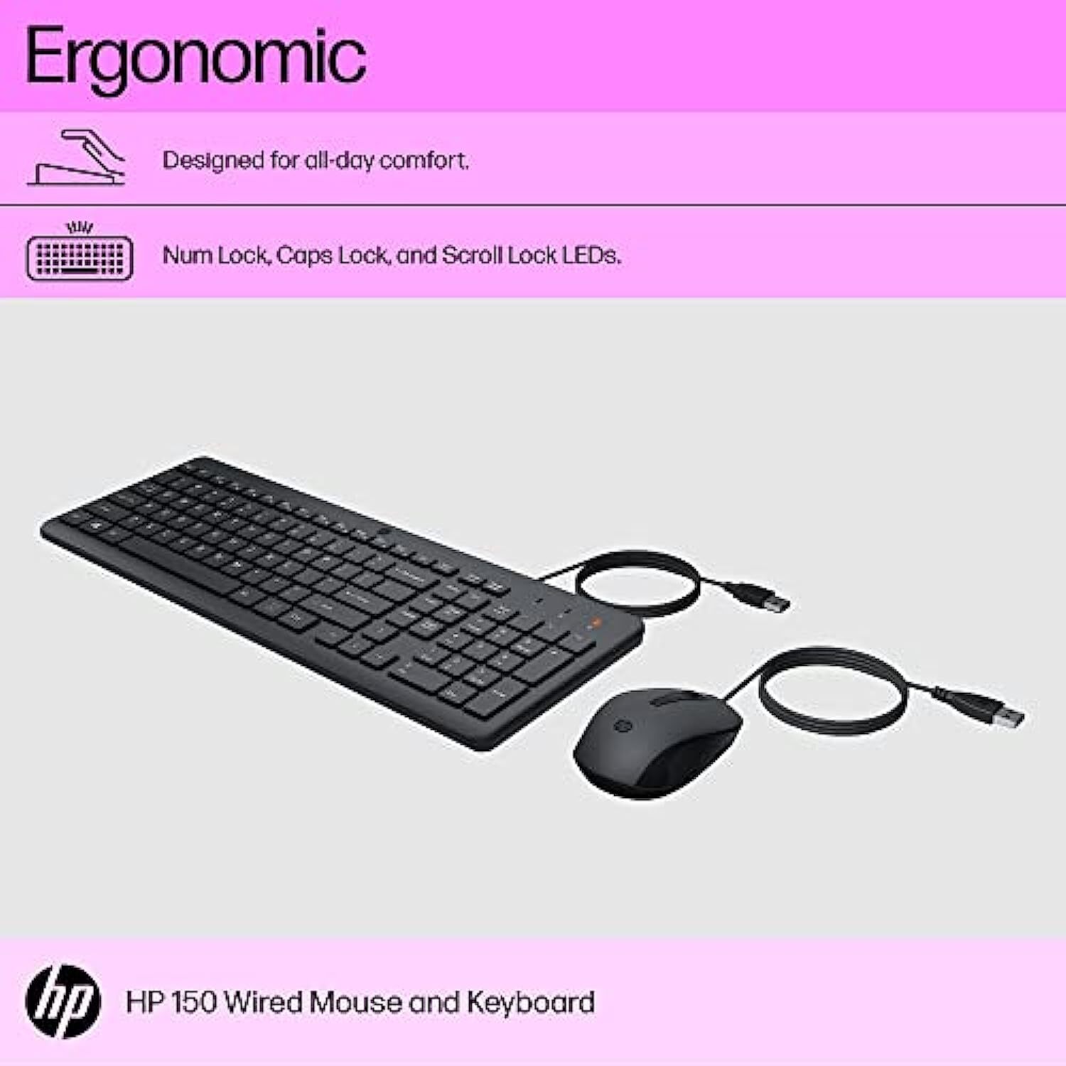 HP 150 Wired Keyboard and Mouse Combo with Instant USB Plug-and-Play Setup, 12 Shortcut Keys, 6° Adjustable Slope Keyboard and 1600 DPI Optical Sensor Mouse (3-Years Warranty, 240J7AA)