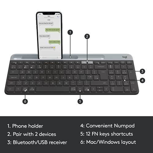 Logitech K580 Slim Multi-Device Wireless Keyboard    Bluetooth/Receiver, Compact, Easy Switch, 24 Month Battery, Win/Mac, Desktop, Tablet, Smartphone, Laptop Compatible - Graphite
