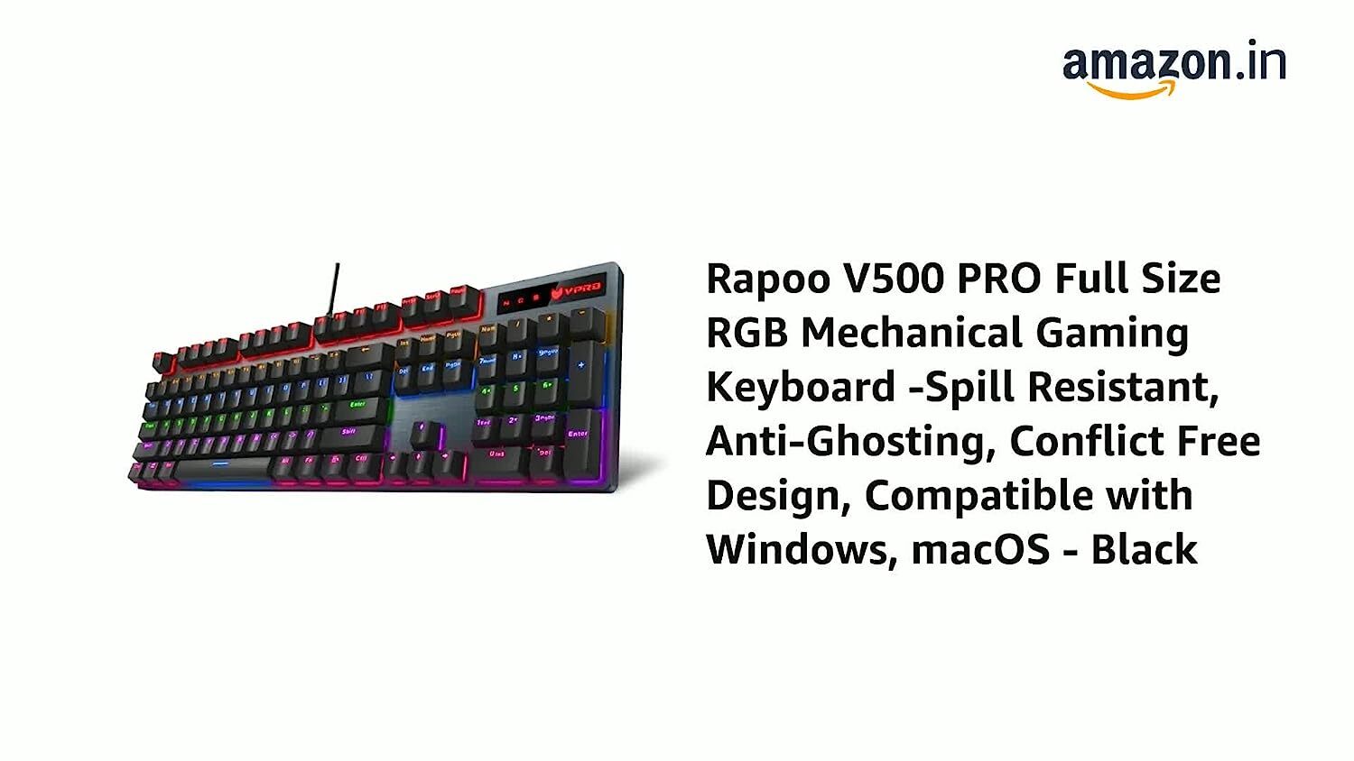 Rapoo V500 PRO Full Size RGB Mechanical Gaming Keyboard -Spill Resistant, Anti-Ghosting, Conflict Free Design, Compatible with Windows, macOS - Black