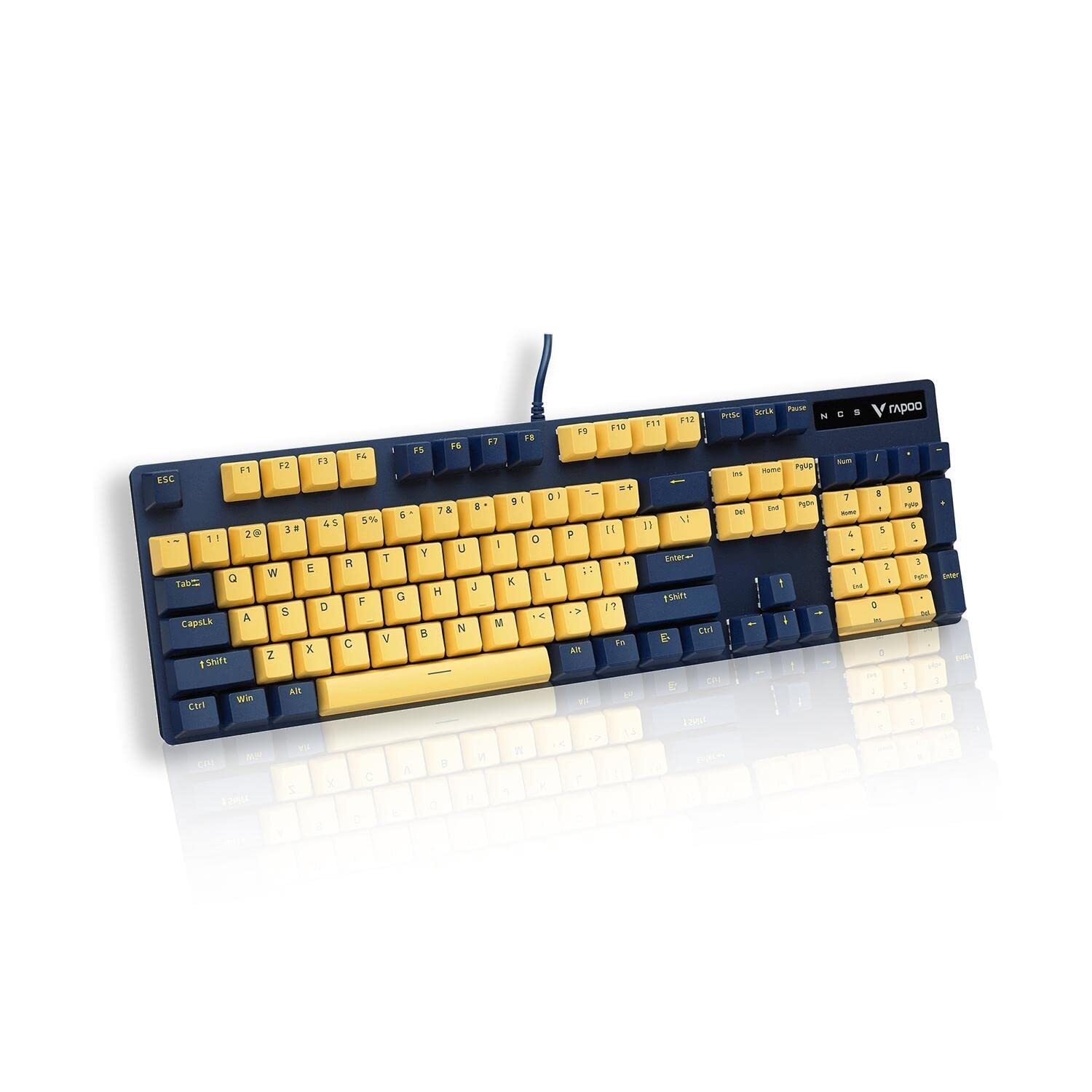 Rapoo V500 Pro Mechanical Gaming Keyboard Yellow & Blue Edition with Blue Switches, Spill-Resistant Design & Aluminium Alloy Surface Cover.