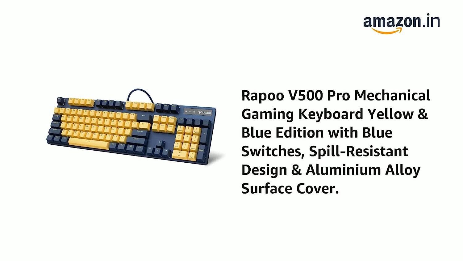 Rapoo V500 Pro Mechanical Gaming Keyboard Yellow & Blue Edition with Blue Switches, Spill-Resistant Design & Aluminium Alloy Surface Cover.