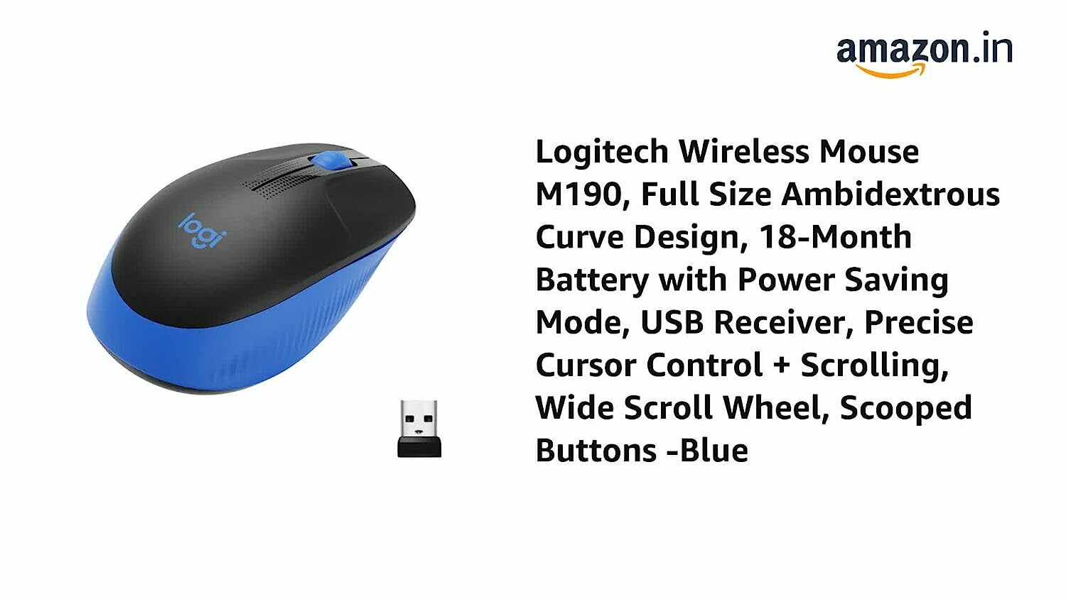 Logitech M190 Wireless Mouse,Full Size Ambidextrous Curve Design, 18-Month Battery with Power Saving Mode, USB Receiver, Precise Cursor Control + Scrolling, Wide Scroll Wheel, Scooped Buttons -Blue
