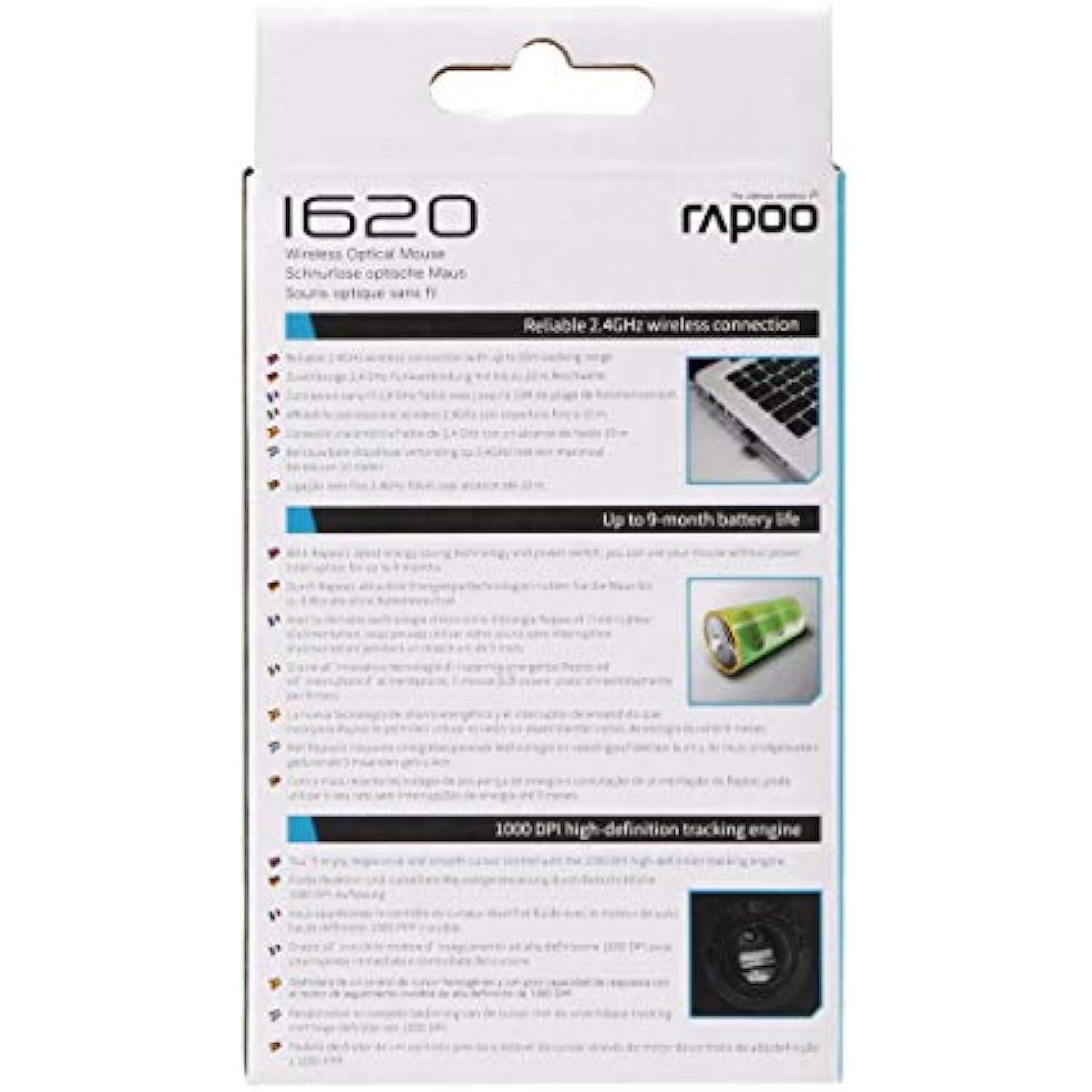 RAPOO 1620 Wireless Mosuse, 2.4 GHz with USB Nano Receiver, Optical Tracking, Ambidextrous, PC/Mac/Laptop - Black
