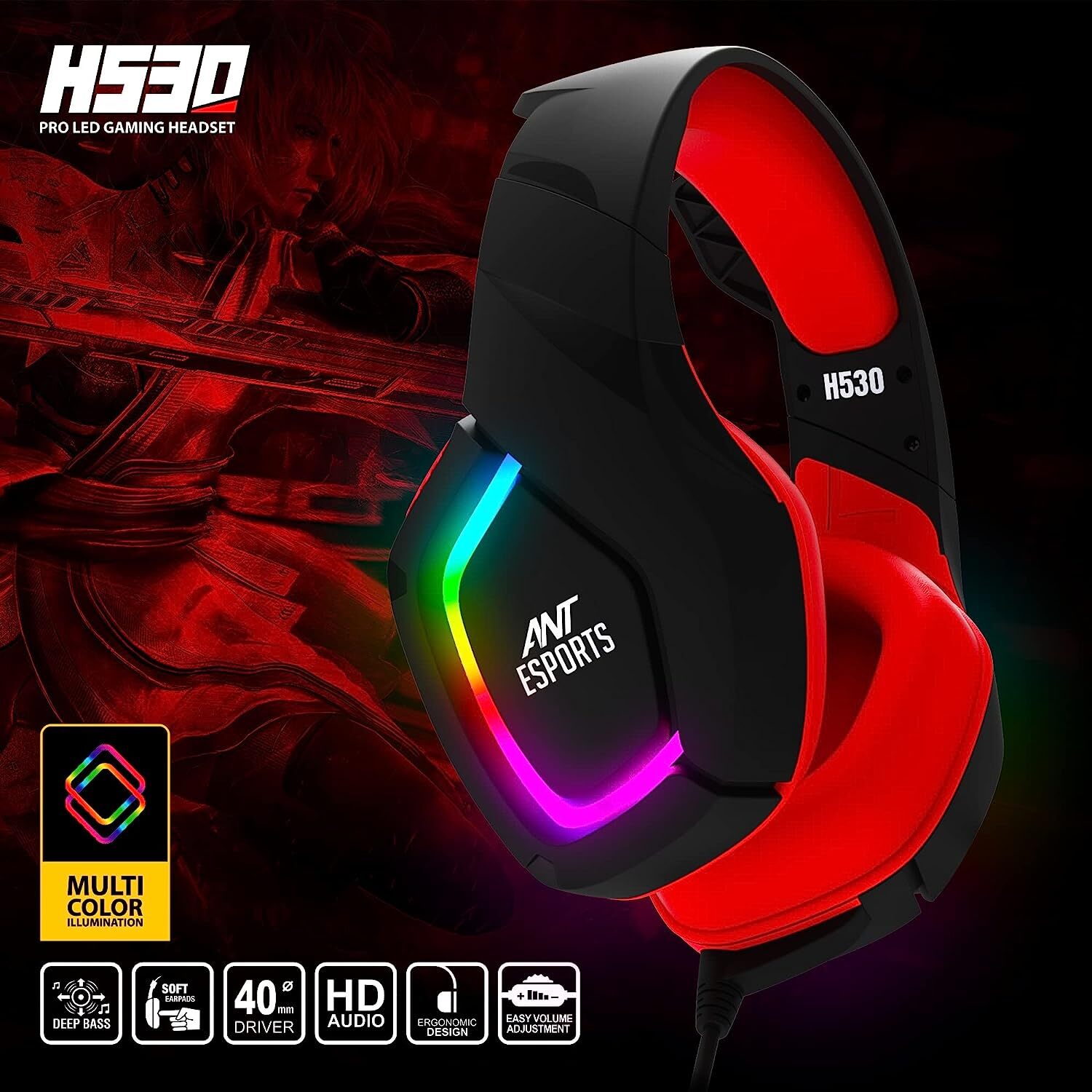 Ant Esports H530 Multi-Platform Pro RGB Gaming Headsetfor PC / PS4 / PS5 / Xbox One / Switch1 with mic, Black Red