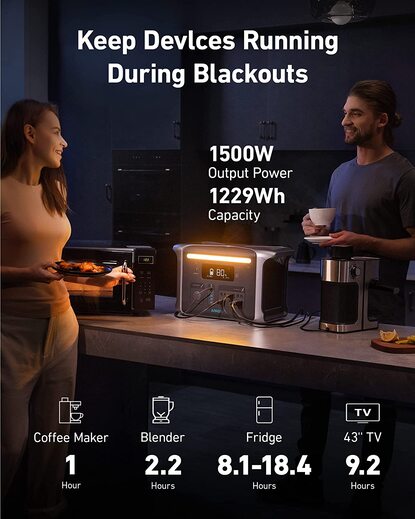Anker 757 Portable Power Station, Powerhouse 1229Wh LiFePO4 Battery, 1500W Solar Generator with 6 AC Outlets (Solar Panel Optional), 2 USB-C Ports 100W Max, LED Light for Camping, RV, Power Outage