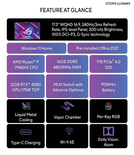 ASUS ROG Strix Scar 17 (2023), AMD Ryzen 9 7945HX, 17.3" (43.94 cm) WQHD 240Hz/3ms, 12GB RTX 4080, Gaming Laptop (16GB/1TB SSD/Win 11/Office 2021/90WHr Battery/Black/3. Kg), G733PZ-LL046WS