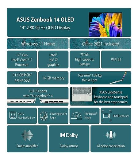 ASUS Zenbook 14 OLED, Intel Core i7-1260P 12th Gen, 14" (35.56 cm) 2.8K OLED 90Hz Touch, Thin & Light Laptop (16GB/512GB SSD/Windows 11/Office 2021/Alexa/Backlit KB/Blue/1.39 kg), UX3402ZA-KN731WS