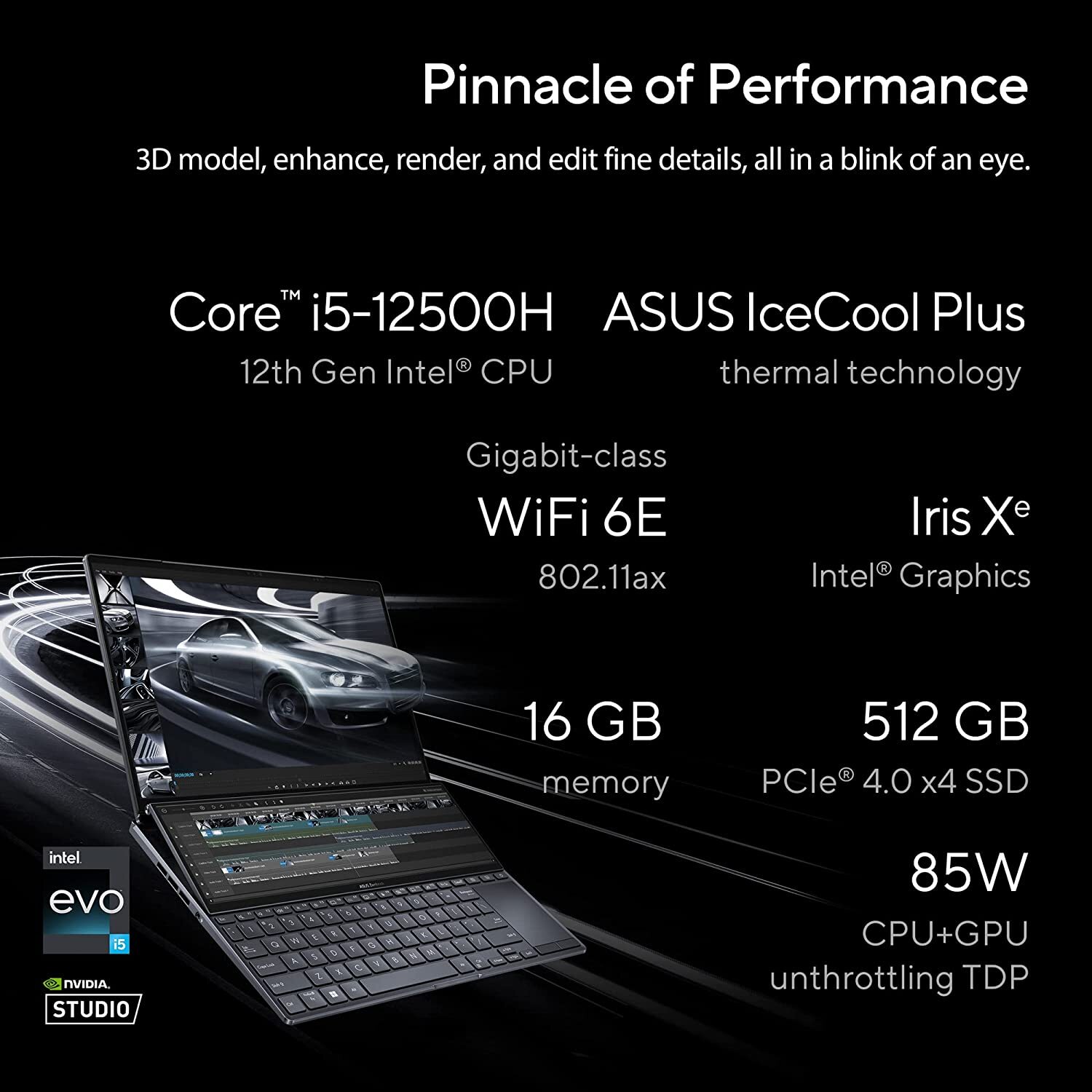 ASUS Zenbook Pro 14 Duo OLED (2022) Dual Screen Laptop, 14.5" (36.83 cms) 2.8K OLED 120Hz Touch, Intel EVO Core i5 12th Gen, (16GB/512GB SSD/Windows 11/Office 2021/Black/1.7 Kg), UX8402ZA-M501WS
