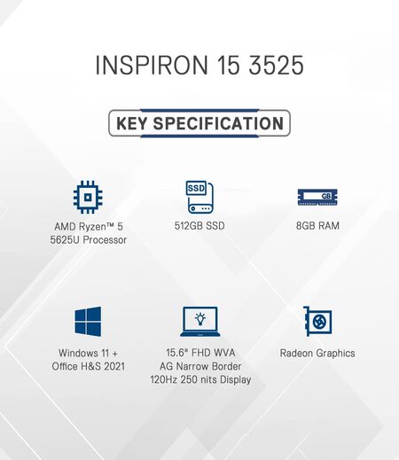 Dell Inspiron 3525 Laptop, AMD Ryzen 5-5625U, 8GB, 512GB SSD, Win 11 + MSO'21, 15.6" (39.62Cms) FHD WVA AG 120Hz 250 nits, Platinum Silver (D560789WIN9S, 1.68Kgs)