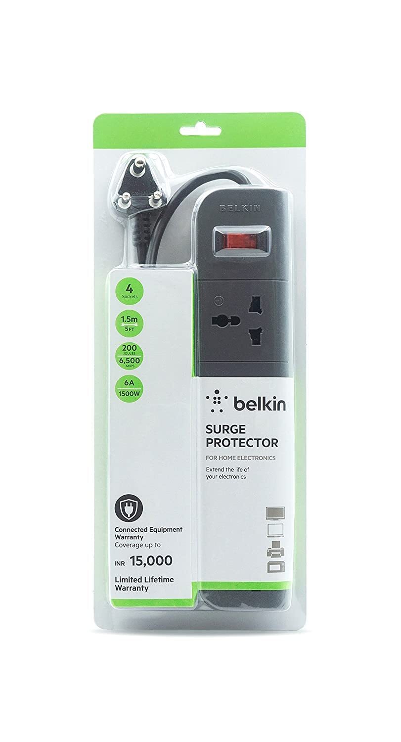 Belkin 4-Socket Surge Protector Universal Socket with 5ft (1.5-Meter) Heavy Duty Cable Overload Protection, Extension Cord Comes with 5 Years Manufacturer Warranty, Grey Color