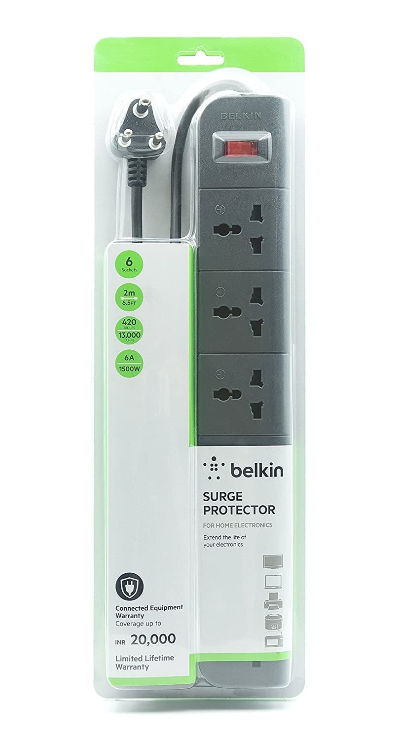 Belkin 6-Socket Surge Protector Universal Socket with 6.5ft (2-Meter) Heavy Duty Cable Overload Protection, Extension Cord Comes with 5 Years Manufacturer Warranty, Grey Color