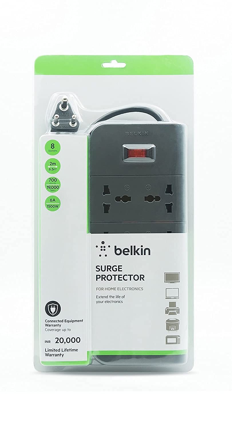 Belkin 8-Socket Surge Protector Universal Socket with 6.5ft (2-Meter) Heavy Duty Cable Overload Protection, Extension Cord Comes with 5 Years Manufacturer Warranty, Grey Color