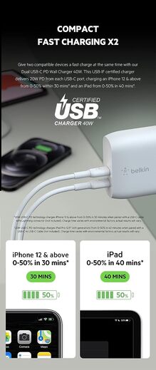 Belkin Fast Charging,Universally Compatible Dual USB-C 40W Pd Wall Charger-Power Delivery 3.0 Certified,Each Port Delivers 20W of Power for All Cellular Phones, USB C/Type C Mobile Phones- White