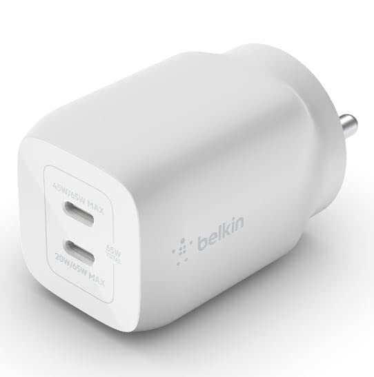 Belkin 65W Gan Dual USB C Pd 3.0 Fast Charger with Pps Technology, Compact Size, USB-C, Type C Fast Charger for iPhone, MacBook Air, Ipad Pro, Pixel, Galaxy, More Device White