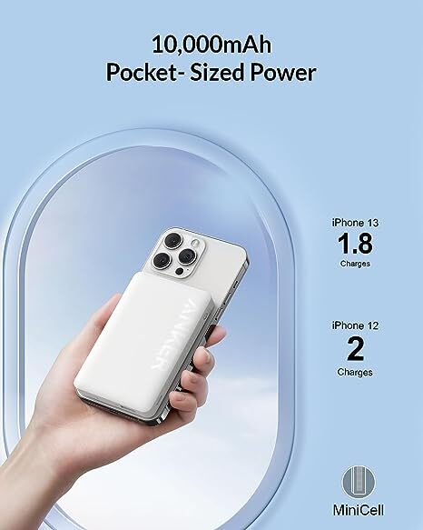 Anker 334 Portable Magnetic Battery MagGo, Original Apple Mfi Certified, 10000mAh Slim Wireless Power Bank with Fast Charging, 15W Wireless & 20W PD Wired, for iPhone 14, 13 & 12 Series (White)