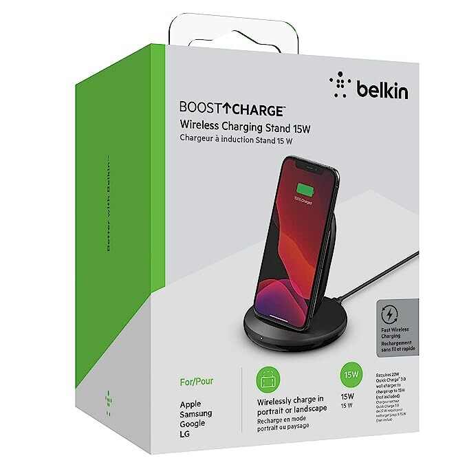 Belkin 15W Wireless Charging Stand Compatible for iPhone, 14/14 Plus, 14 Pro, Pro max, iPhone 13 & 12 Series, Samsung Galaxy, Google Pixel and Others Qi Enabled Devices (Adapter Not Included)-Black