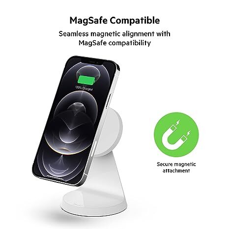 Belkin Magnetic Wireless Charger with Stand magsafe Compatible for Cellular Phones, iPhone 13, 13 Pro, 13 Pro Max, 13 Mini, iPhone 12, 12 Pro, 12 Pro Max, 12 Mini - White