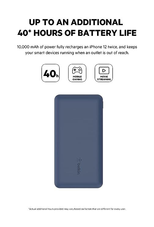 Belkin 10000 mAh Slim Power Bank with 1 USB-C and 2 USB-A Ports to Charge 3 Devices Simultaneously with up to 15W for iPhones, Android Phones, Smart Watches, Apple AirPods - Blue