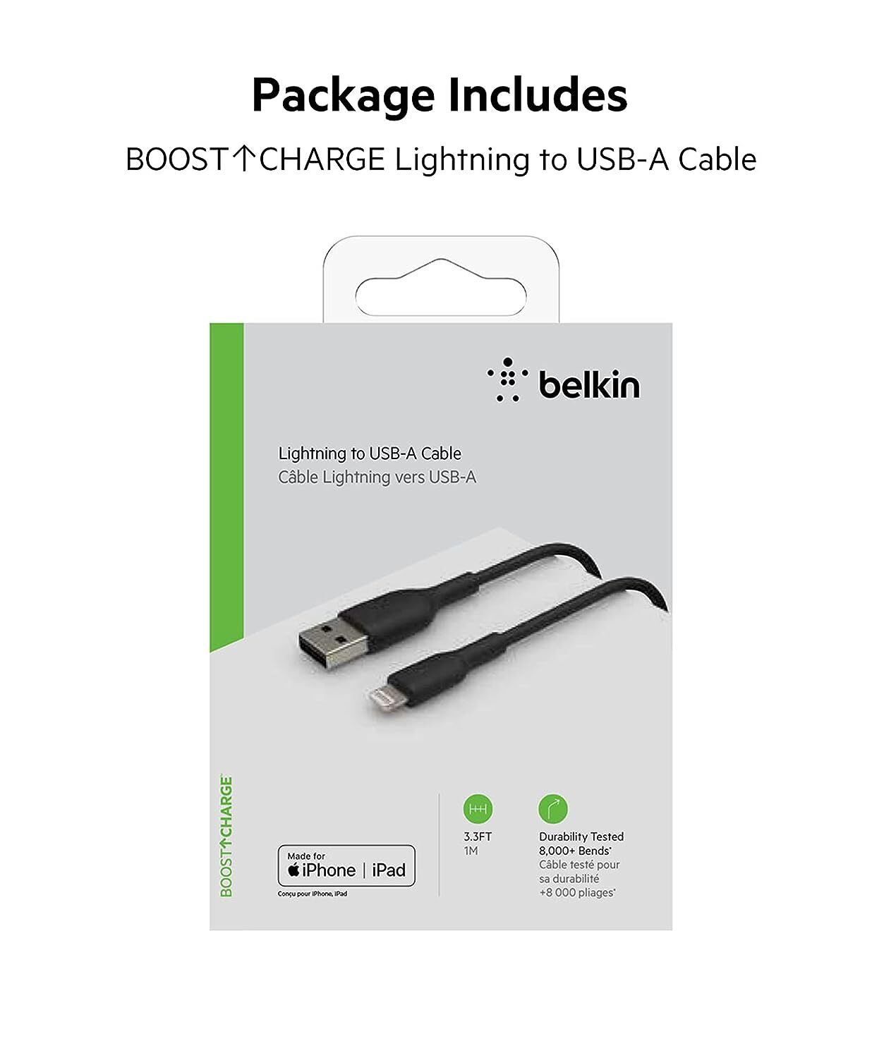 Belkin Apple Certified Lightning to USB Charge and Sync Cable for iPhone, iPad, Air Pods, 39.6 inch (100cm) Black