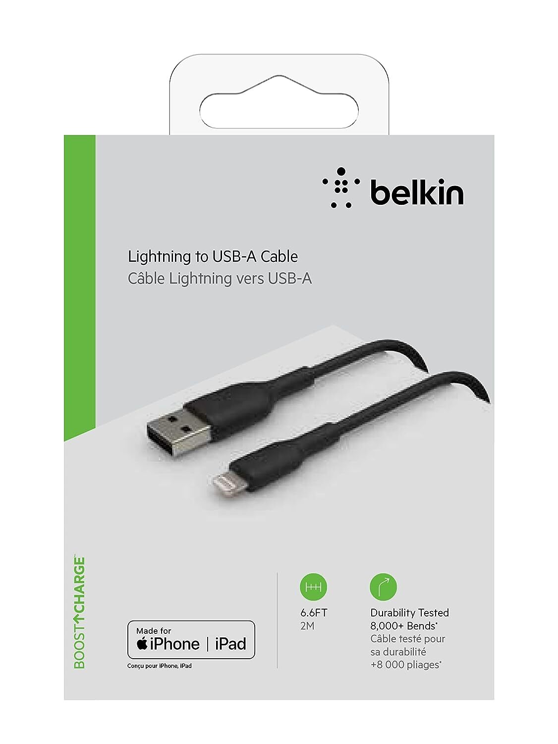 Belkin Apple Certified Lightning to USB A and Sync Cable for iPhone, iPad, Air Pods, 6.6 feet (2 meters) – Black