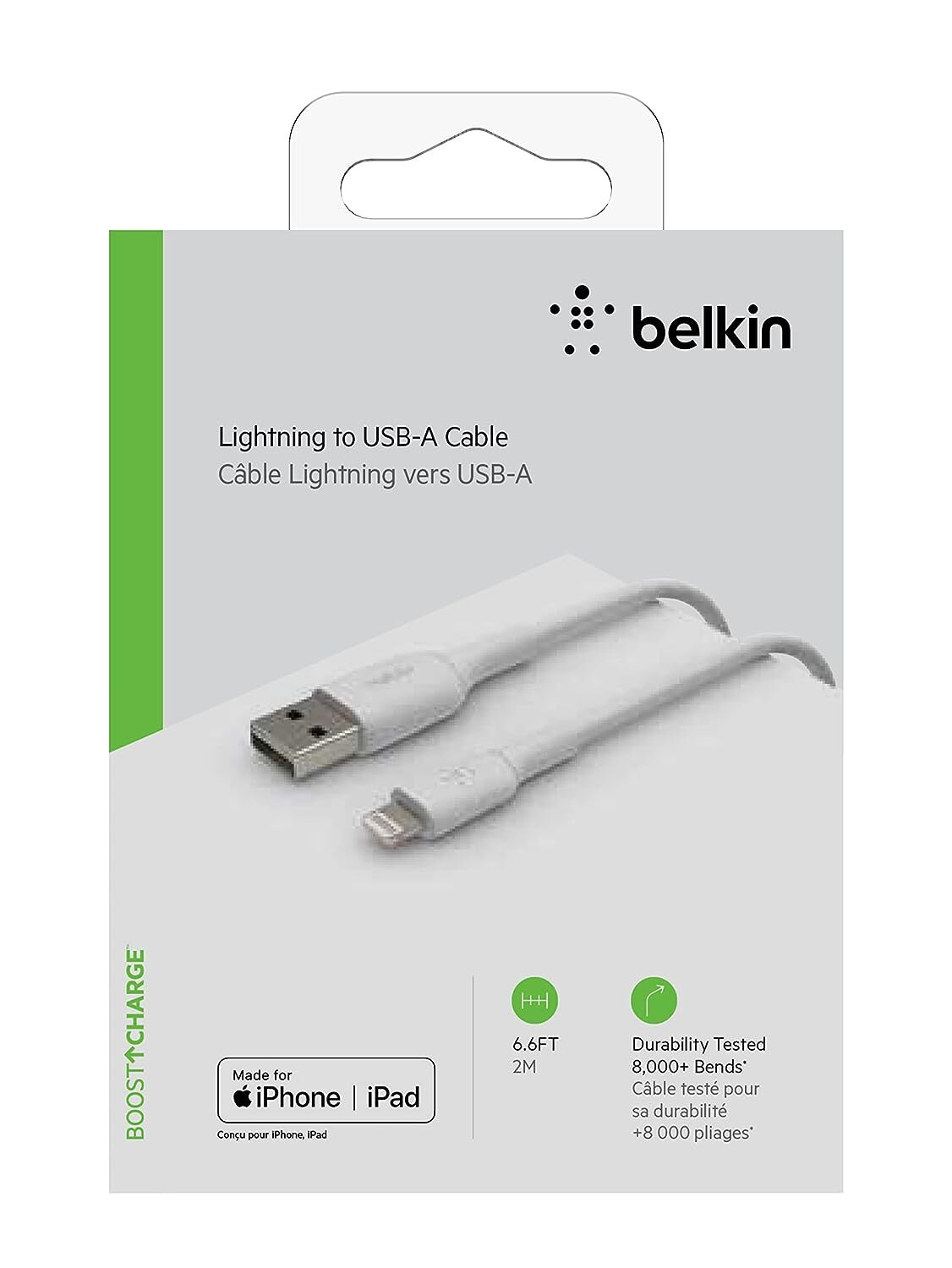 Belkin Apple Certified Lightning to USB A and Sync Cable for iPhone, iPad, Air Pods, 6.6 feet (2 meters) – White