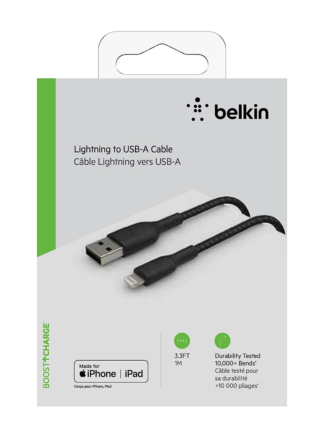 Belkin Apple Certified Lightning to USB Charge and Sync Tough Braided Cable for iPhone, iPad, Air Pods, 3.3 feet (1 meters) – Black