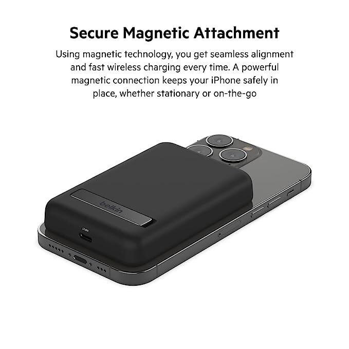 Belkin Quick Charge Magnetic Wireless Power Bank 5000mAh with Stand, Sleek Design for All iPhone 14, 13 and 12 Models, Compatible with magSafe Covers - Black Lithium Ion milliamp Hour Black