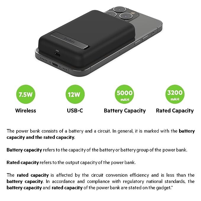 Belkin Quick Charge Magnetic Wireless Power Bank 5000mAh with Stand, Sleek Design for All iPhone 14, 13 and 12 Models, Compatible with magSafe Covers - Black Lithium Ion milliamp Hour Black