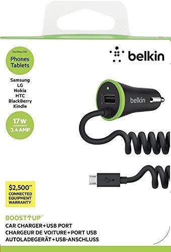 Belkin USB-A with Coiled Micro USB Cable (4 Foot) Car Charger Adapter. Conveniently Quick Charge All USB-A and Micro USB Compatible Devices (Mobiles, Tablets, Speakers and More) - Black
