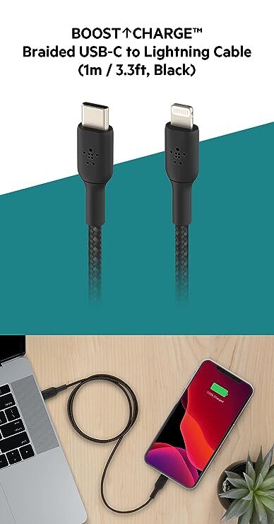 Belkin Apple Certified Lightning to Type C Cable, Tough Unbreakable Braided Fast Charging for iPhone, iPad, Air Pods, 3.3 feet (1 meters) – Black