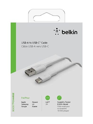 Belkin USB C to USB A 2.0, Type C Cable, 6.6 feet (2 meter), USB-IF Certified, Supports Fast Charging - White