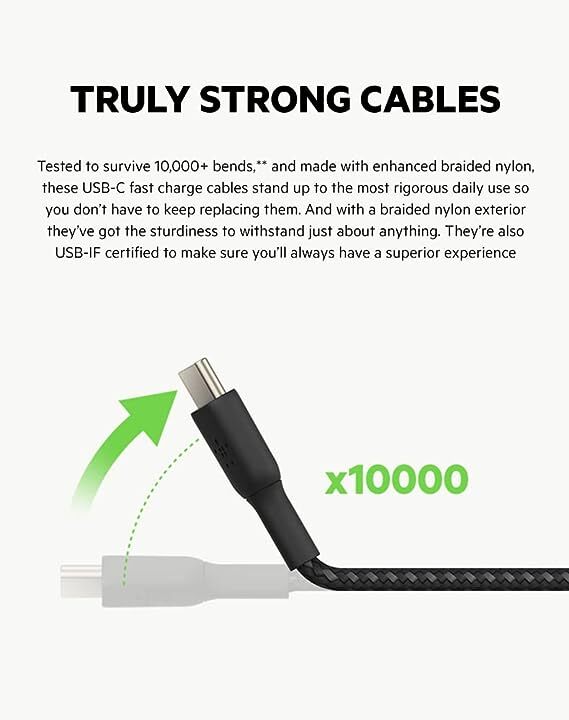 Belkin Type C To Usb-A 2.0 Tough Unbreakable Braided Nylon Cable 3.3 Feet (1 Meter), Usb-If Certified, Supports Fast Charging For Tablet - Black