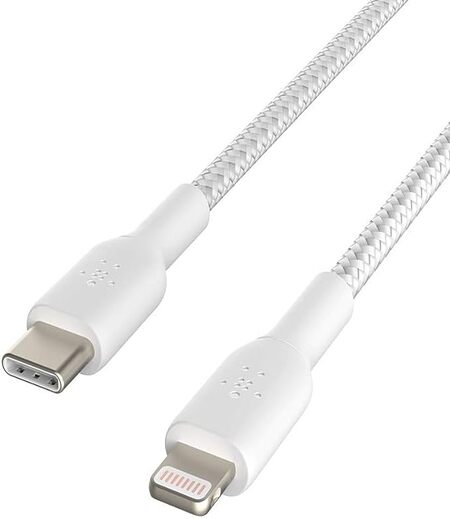 Belkin BoostCharge Nylon Braided USB C to Lightning Cable 6.6ft/2M - MFi Certified 18W Power Delivery iPhone Charger Cord - Apple Charger USB C Cable - Fast Charging for iPhone 14, iPhone 13 - White-M00000001641