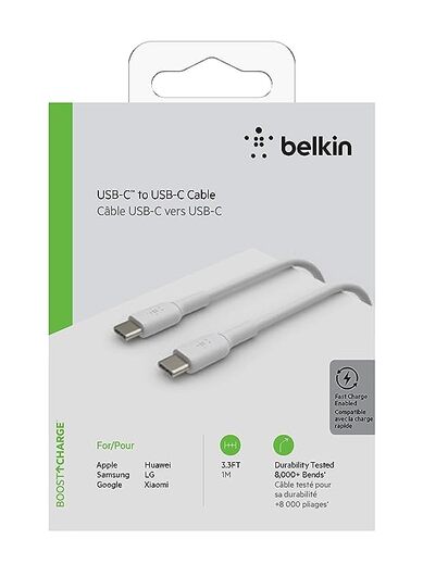 Belkin USB C to USB-C Fast Charging Type C Cable, 60W PD, 3.3 feet (1 meter), USB-IF Certified - White