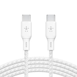 Belkin USB-C to USB-C Fast Charging PD supports up to 100W Charge and Sync Ultra Flexible Silicone, Double Nylon Braided Cable, USB-IF Certified 9.9 feet (3 meters) – White