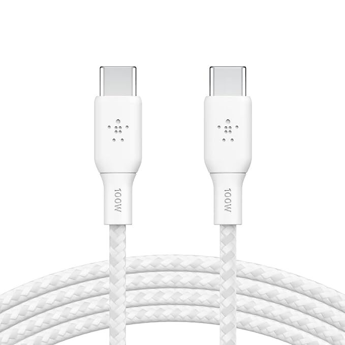 Belkin USB-C to USB-C Fast Charging PD supports up to 100W Charge and Sync Ultra Flexible Silicone, Double Nylon Braided Cable, USB-IF Certified 9.9 feet (3 meters) – White