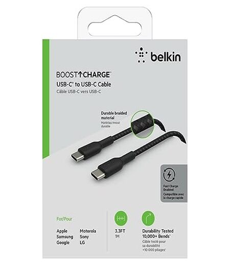 Belkin Type C to Type-C Fast Charging Tough Unbreakable Braided Nylon Cable for Smartphone, Laptop, Tablet, 3.3 Feet (1 Meter), USB-If Certified - Black