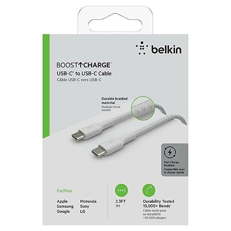 Belkin USB C to USB C Fast Charging Type C Cable Tough Unbreakable Braided Nylon Material, 60W PD, 3.3 feet (1 Meter) for Laptop, Personal Computer, Smartphone, Tablet, USB-IF Certified - White
