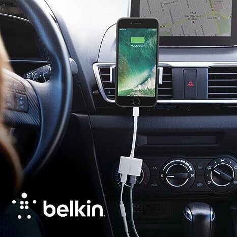 Belkin Lightning Audio + Charge Rockstar, iPhone Lightning Audio Adapter/iPhone Charging Adapter for iPhone Xs, XS Max, XR, X, 8/8 Plus Series - White