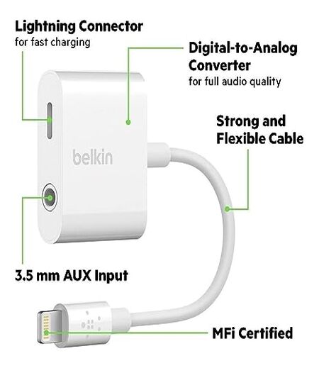 Belkin Charge + Audio Splitter, 3.5 mm Jack for Headphone + Lightning Port for Charging iPhone 13/13 Pro, 13 Pro Max, 13 Mini, iPhone 12 Series and More - White