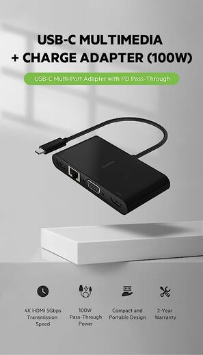 Belkin USB-C Multimedia + Charge Adapter (100W) with Tethered USB-C Cable - Interface Hub with USB-A 3.2 Gen Port, Ethernet Port, VGA Port, and 4K HDMI Port, with USB-C Pass Through Charge - Black