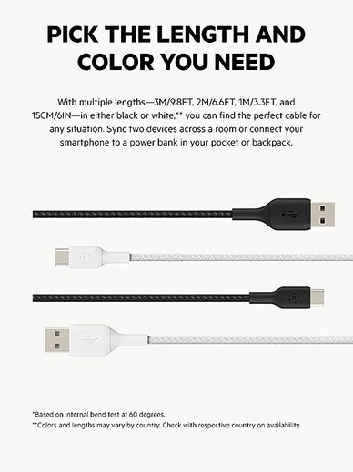 Belkin USB C to USB-A 2.0, Type C cable Tough Unbreakable Braided Nylon material 3.3 feet (1 meter) for Tablet, USB-IF Certified, Supports Fast Charging - White