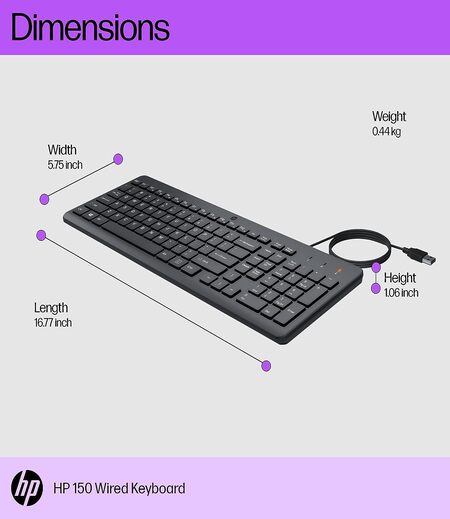 HP 150 Wired Keyboard, Quick, Comfy and Ergonomically Design, 12Fn Shortcut Keys, Plug and Play USB Connection and LED Indicator, 3 Years Warranty