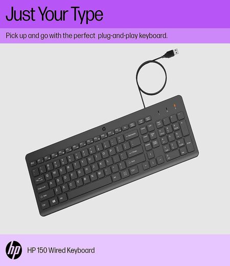 HP 150 Wired Keyboard, Quick, Comfy and Ergonomically Design, 12Fn Shortcut Keys, Plug and Play USB Connection and LED Indicator, 3 Years Warranty